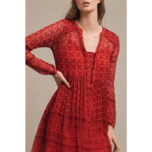 Anthropologie Maeve Canna Swing Dress Sz 4 Red Coral Sheer Boho Peasant Crinkle